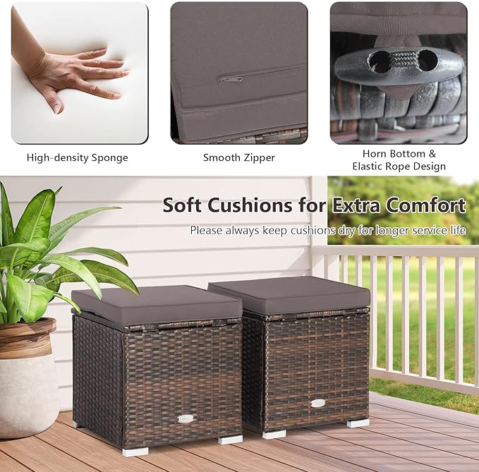Tangkula 2 Pieces Patio Ottomans, Patiojoy Hand-Woven PE Rattan Side Table with Removable Cushion & Hidden Storage Space, Multifunctional Storage Box, Seats for Patio, Backyard, Poolside (Grey)