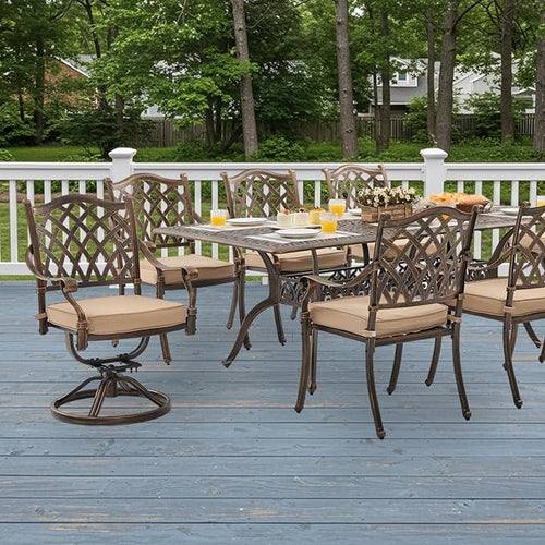 9-Piece Cast Aluminum Patio Furniture, Outdoor Dining Sets for 8 Include 87" Rectangular Patio Dining Table, 6 Stackable Chairs & 2 Swivel Chairs with Cushions & Umbrella Hole(Bronze)