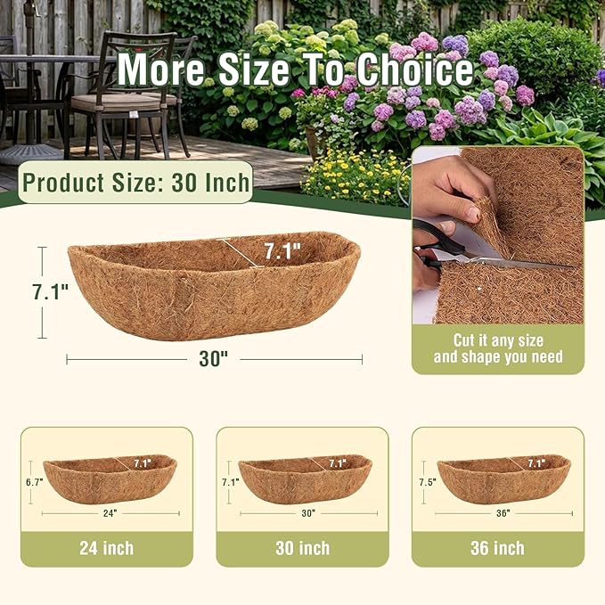2 Pcs 30 Inch Trough Coco Liner for Window Box, 100% Natural Half Moon Coconut Coir Planter, Replaceable Coconut Fiber Liner for Window Boxes & Fence Flower Baskets (2, 30 inch)