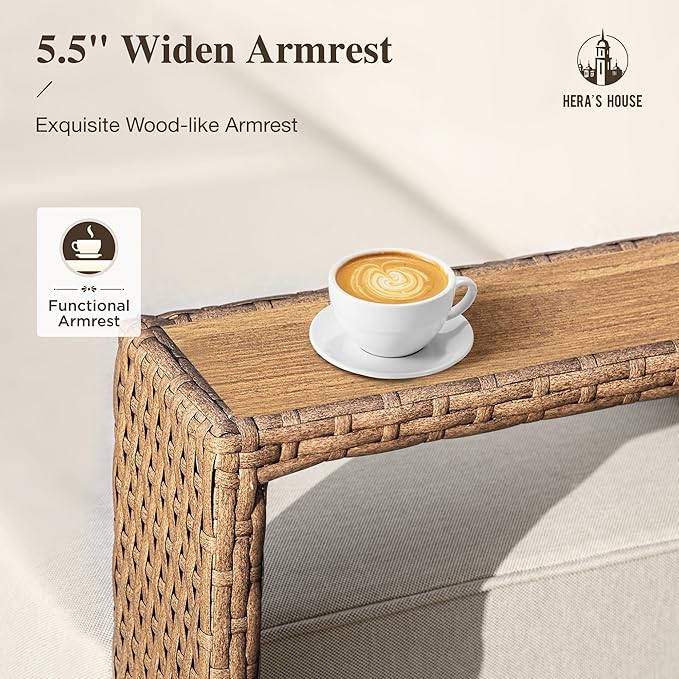 HERA'S HOUSE 6 Pieces Outdoor Rattan Furniture Set, 4 Sectional Patio Wicker Sofa with 2 Ottomans, All Weather Patio Conversation Set with 5.3" Comfy Widened Armrest, 10" Ultra Thick Cushion for Deck