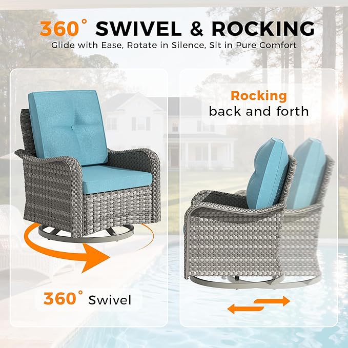 10-Seat Modern Patio Furniture Set with Swivel Rocking Chairs, Thick 4″ Cushions, Dual-Strand Wicker Rattan, Rust-Resistant Steel Frame – Outdoor Conversation & Modular Sectional,Blue