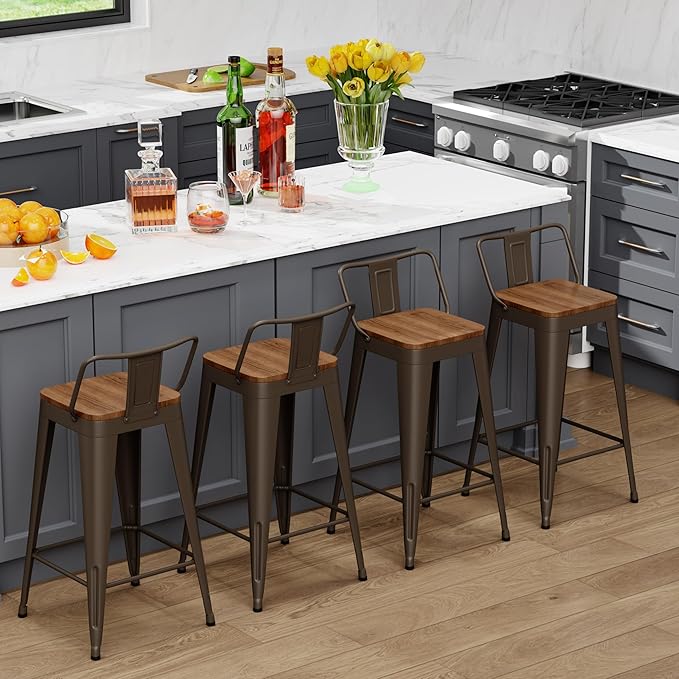WENTMENT Bar Stools Set of 4 Counter Height Bar Stools Metal Barstools with Removable Back 30" Kitchen Bar Stools with Wooden Seat, Rusty
