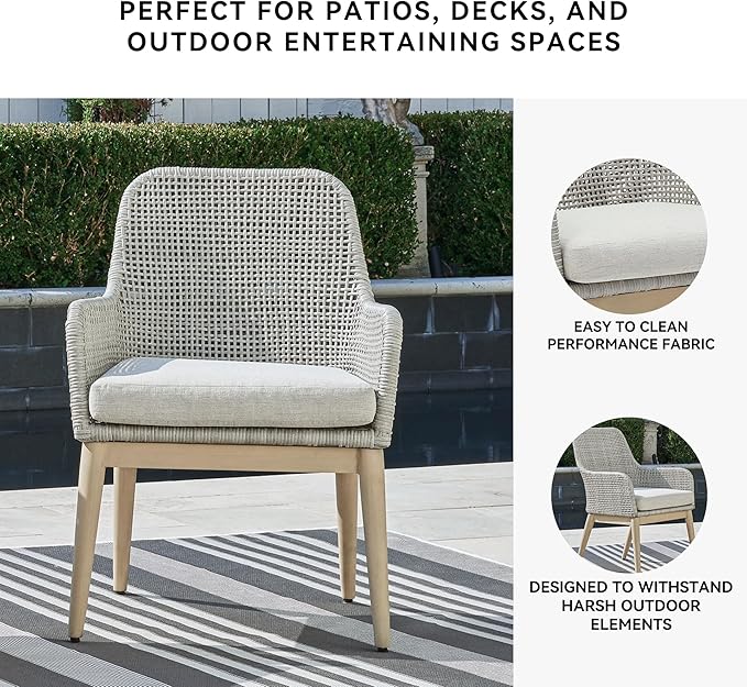 Signature Design by Ashley Seton Creek Cottage Nuvella Weather Resistant Fabric Outdoor Dining Arm Chair with Cushion, Set of 2, Light Brown & Light Gray