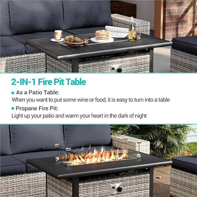 13-Piece Outdoor Patio Furniture Set with Rocking Swivel Chair, PE Wicker Rattan Sectional Sofa Patio Conversation Set with 55,000 BTU Fire Pit Table & Coffee Table, Dark Grey