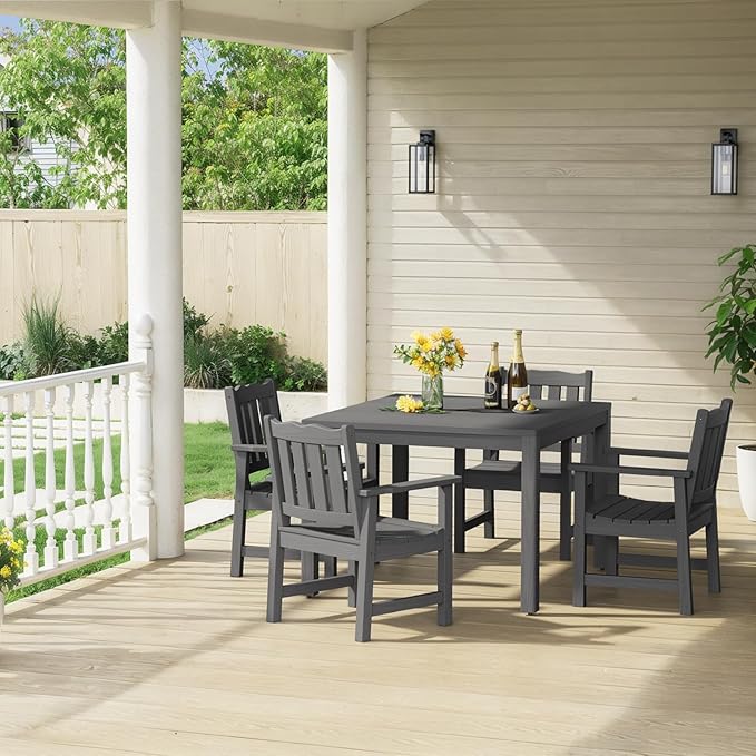 Stoog All-Weather Patio Dining Table for 4, HIPS & Aluminum Frame Outdoor Dining Table with Umbrella Hole, for Garden, Backyard and Lawn, Grey