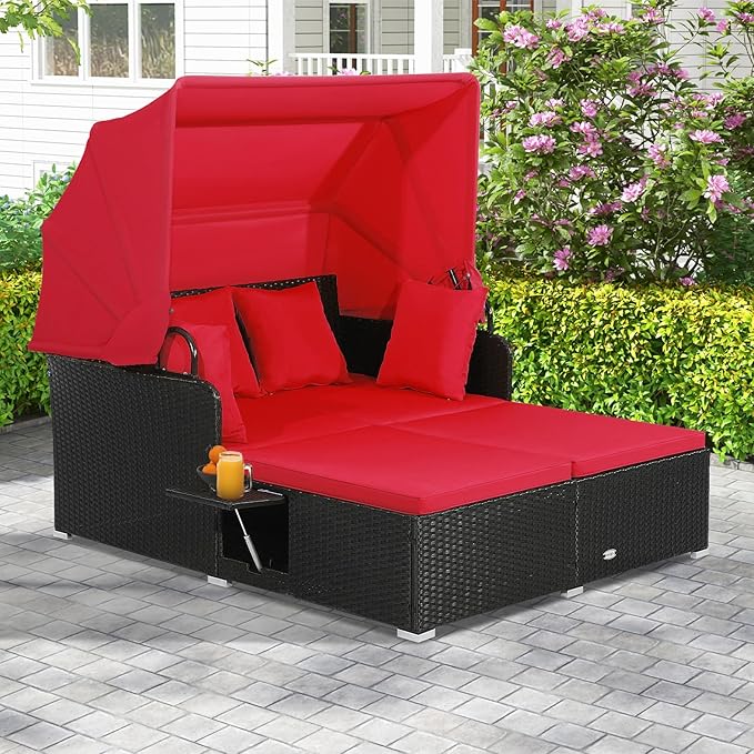 ORALNER Outdoor Daybed, 2-Person Wicker Patio Sofa with Retractable Canopy, Cushions & Pillows, 2 Side Trays, PE Rattan Double Sunbed Lounger for Deck Poolside Backyard Garden Balcony (Red)
