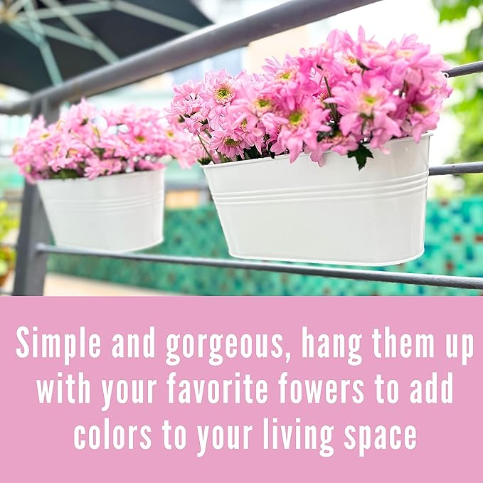 LaLaGreen Rail Planter Outdoor Plants (10 Pack, 11.8 Inch) White Metal Iron Hanging Flower Pots Deck Railings Fence Buckets Countryside Boho Style Wall Mount Window Box Plant Holder Hooks Porch Decor
