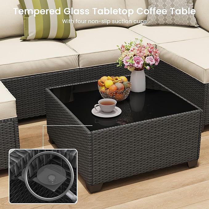 Outdoor Patio Furniture Set with 43'' Fire Pit Table, 8 Pcs Outdoor Patio Furniture Conversation Sets with 4in Thicken Cushion, Wicker Outdoor Sectional for Backyard, Garden, Balcony,Deck,Coffee/Beige