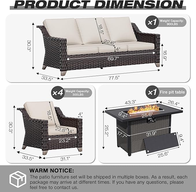 Joyside Wicker Patio Furniture Sets, 6 Pieces Upgraded Large Size Outdoor Furniture with 4 Swivel Rocking Patio Chairs, 3-Seat Sofa, Fire Table,Thick Cushions, Wide Armrest, Beige