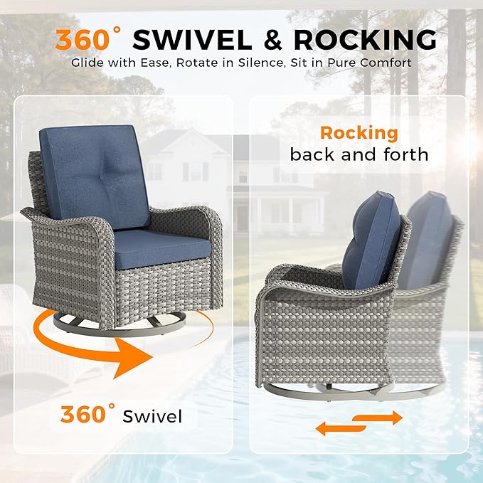 10-Seat Modern Patio Furniture Set with Swivel Rocking Chairs, Thick 4″ Cushions, Dual-Strand Wicker Rattan, Rust-Resistant Steel Frame – Outdoor Conversation & Modular Sectional,Navy