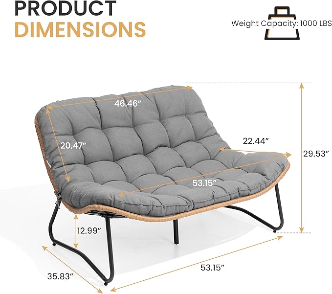Crestlive Products Outdoor Loveseat 3PCS, Outdoor Sofa Set, All-Weather Boho Rattan Patio Furniture with Soft Cushion for Balcony, Poolside, Backyard (Without Table)