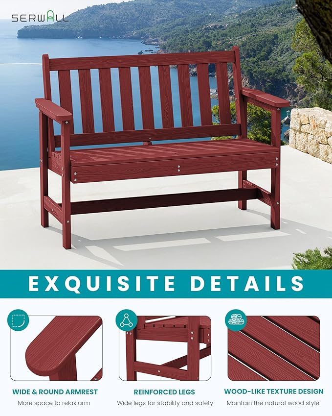 SERWALL Outdoor Bench, HDPE Outdoor Benches Weatherproof, 2-Person Garden Bench with 660 lbs Weight Capacity, Patio Benches for Outdoors, Garden, Porch, Backyard and Park, Red, 4 Pack