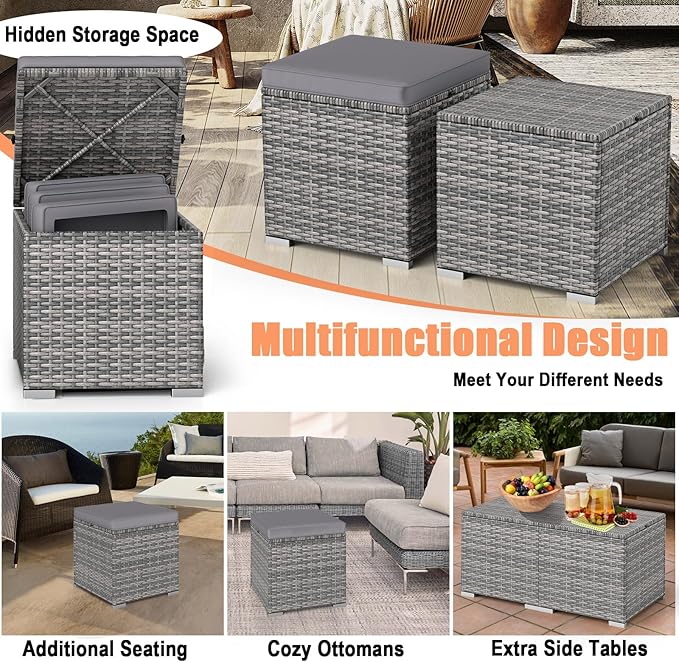 RELAX4LIFE Wicker Outdoor Storage Ottoman - 2-Piece Rattan Footstool w/Removable Cushion, Multipurpose Footrest Foot Stool Seating, Set of 2 Outdoor Ottomans for Patio Deck (Mix Grey-Grey)