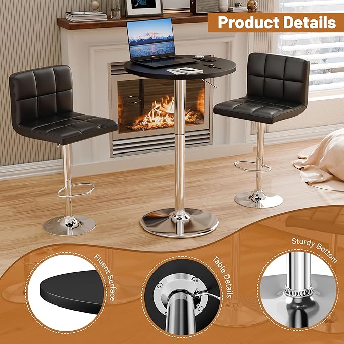 Flamaker Round Bistro Pub Table 23.6 Inch Height Adjustable 360° Swivel Bar Table Metal Base for Pub, Dining Room, Party (1, Black-Silver)