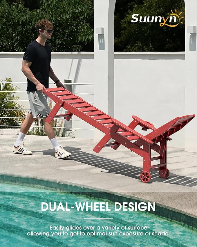 Lounge Chair Outdoor Set of 4 with Wheels, Adjustable 5-Position Chaise Lounge Outdoor, Patio Lounge Chair for Poolside Backyard, Red
