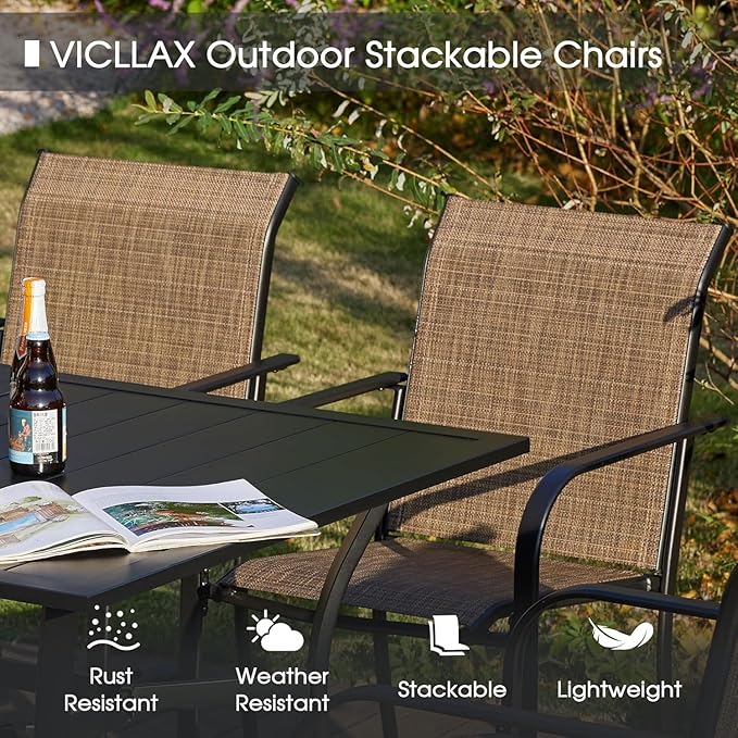 VICLLAX Patio Dining Set for 6, Outdoor Furniture Set Includes 47.2" Round Patio Table and 6 Patio Sling Chairs, Black Tabletop and Brown Fabric
