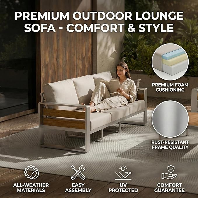ZANDOR Outdoor Patio Conversation Sets, 4-Piece Aluminum Metal Outside Sectional Lawn Furniture with Coffee Table & Washable Thick Cushions,Seating Sofa for Garden/Backyard/Porch, Silver