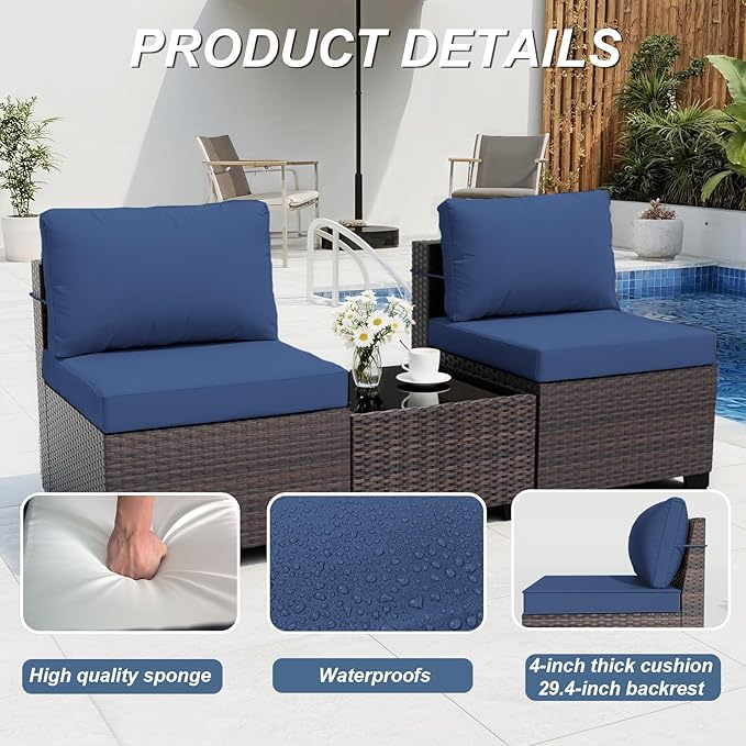ALAULM 10 Pieces Patio Furniture Set with Propane Fire Pit Table Outdoor Sectional Sofa Sets Patio Furniture 43" Gas Fire Pit Brown PE Rattan Patio Conversation Set w/8 Seat Cushions (Deep Blue)