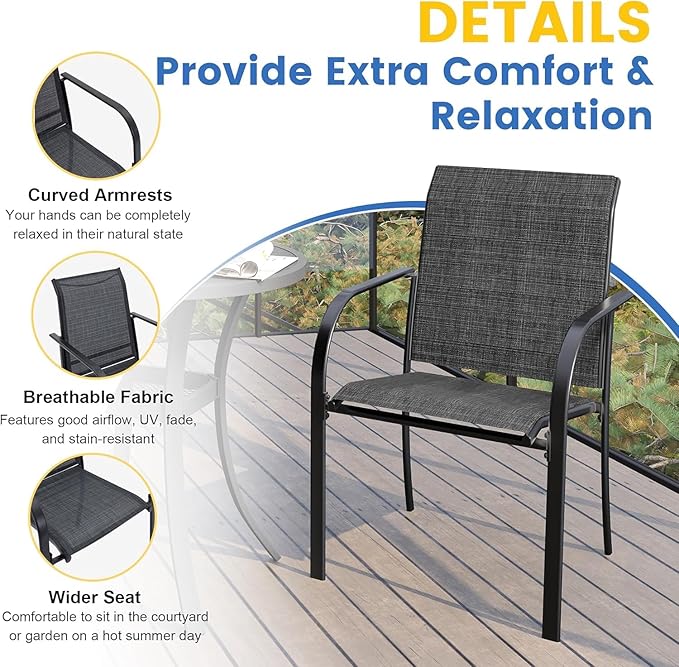 VICLLAX 5 Pieces Patio Dining Set, Outdoor Furniture Set Includes 41.2" Round Patio Table and 4 Patio Sling Chairs, Black Tabletop and Dark Grey Fabric