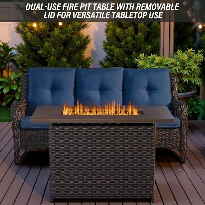 Belord 6-Piece Outdoor Sectional Furniture Set with 41” Fire Pit Table, 5-Seater Patio Furniture Set with Swivel Glider Chairs & Storage Box, 50000 BTU Propane Fire Pit Table, All-Weather PE Wicker