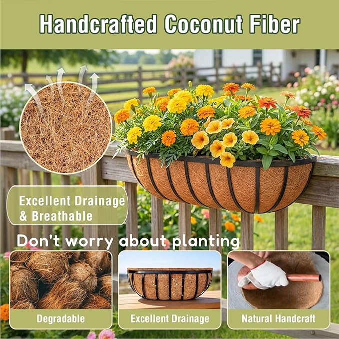 2 Pcs 36 Inch Trough Coco Liner for Window Box, 100% Natural Half Moon Coconut Coir Planter, Replaceable Coconut Fiber Liner for Window Boxes & Fence Flower Baskets (2, 36 inch)
