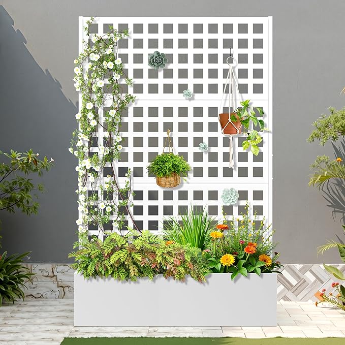 FENCY Metal Raised Garden Bed with Trellis, Metal Planter Box with Trellis, Garden Box for Climbing Plants Vegetable, 47''Lx16''Wx71''H Garden Bed with Drainage Holes(White)