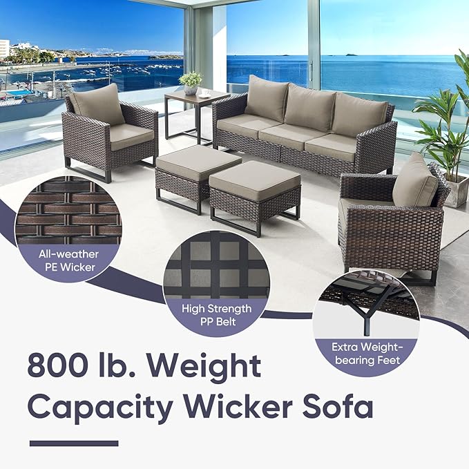 Belord 7 Pieces Patio Furniture Set with 50000BTU Propane Fire Pit Table: Wicker Patio Conversation Set with Outdoor Club Chairs Patio Couch Metal Side Table, All Weather Brown Rattan