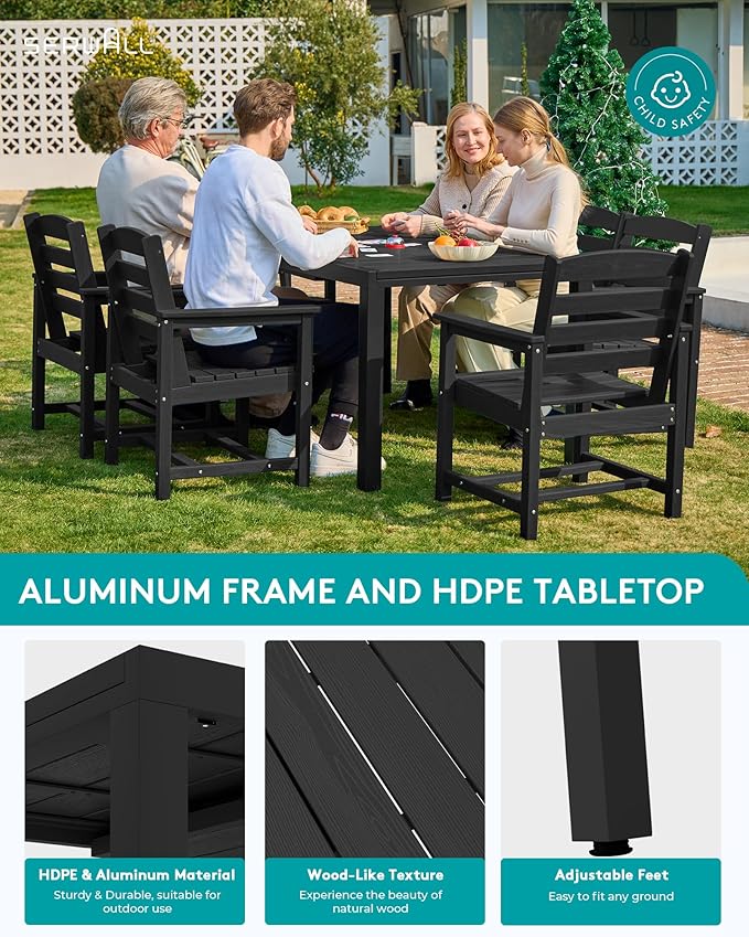 SERWALL 7-Piece Patio Dining Sets, 60" - 83" Expandable Outdoor Dining Table and 6 HDPE Chairs, All Weather HDPE Outdoor Furniture Set for Backyard, Garden, Black