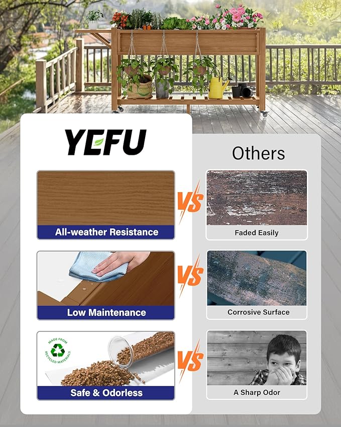 YEFU Raised Garden Bed with Legs: 57x18x30in Elevated Poly Planter with Wheels,Waterproof Mobile Raised Bed Garden, Elevated Planter Box Stand with Storage Shelf,for Herb,Carrot,Tomato (Teak,4pcs)