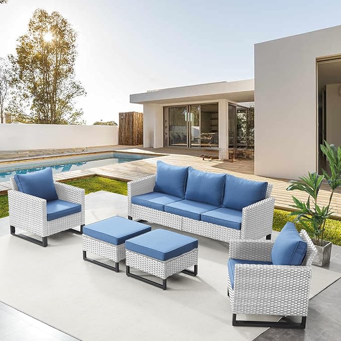 Belord Wicker Patio Furniture 5 Piece Outdoor Sofa Set, Oversize Outdoor Dining Chairs with Rattan Ottomans, Conversation Sets Patio Furniture Come with Removable Washable Cushion Blue, Light Grey
