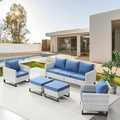 Belord Wicker Patio Furniture 5 Piece Outdoor Sofa Set, Oversize Outdoor Dining Chairs with Rattan Ottomans, Conversation Sets Patio Furniture Come with Removable Washable Cushion Blue, Light Grey