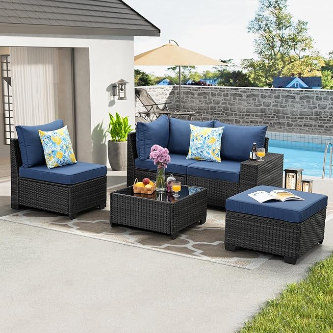 5 Pieces Patio Furniture Set All-Weather Outdoor Wicker Sectional Conversation Sofa Rattan Patio Seating Sofa with Cushion and Glass Table and Ottoman for Porch Poolside,Navy