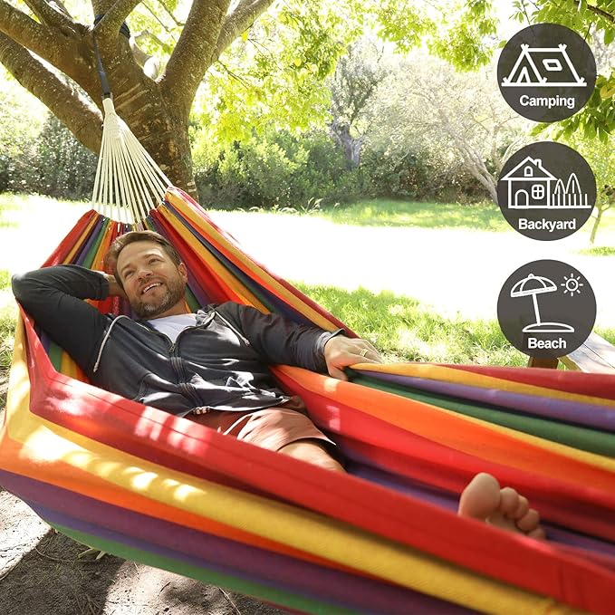 Brazilian Double Hammock with Tree Straps,Extra Large 94x63IN,2 Persons Hammock for Backyard Patio Outdoor and Indoor,450lbs Weight Capacity,Soft Woven Cotton Fabric - Blue Stripe