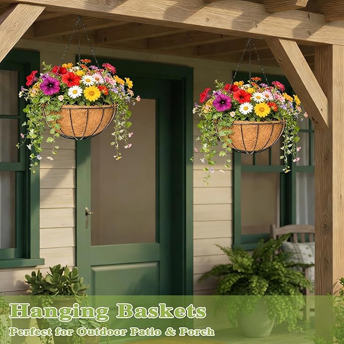 4 Pack 16 Inch Hanging Planters Outdoor Metal Hanging Flower Baskets with Coco Fiber Liners Chain Round Wire Plant Holder Hanging Flower Pots (Watermelon)