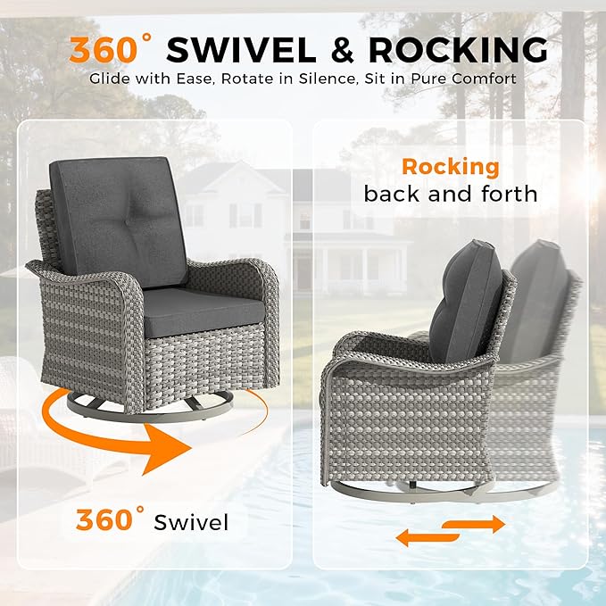 8-Seat Outdoor Wicker Patio Furniture Set with Fire Pit Table, Modular Rattan Sectional Sofa & 2 Swivel Rocking Chairs, 4" Thick Cushions, Rust-Resistant Frame,Black