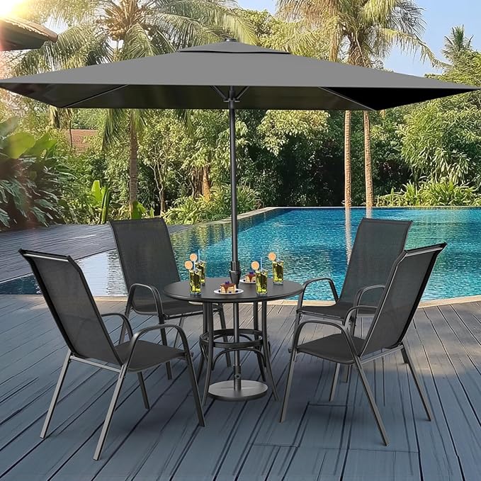 VINGLI Patio Chairs Set of 8 – Stackable Outdoor Dining Chairs with Comfortable Sling High Back Chairs and Armrests for Lawn, Poolside, Courtyard, Balcony, Garden, Black