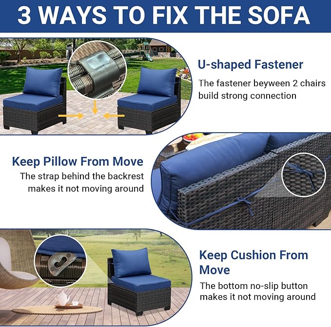 Jing's Villa 6-Piece Patio Furniture Set, All-Weather Outdoor Wicker Sectional Sofa with Cushions, Glass Table & Left and Right Armrest, Rattan Conversation Seating for Porch, Garden, Backyard,Navy