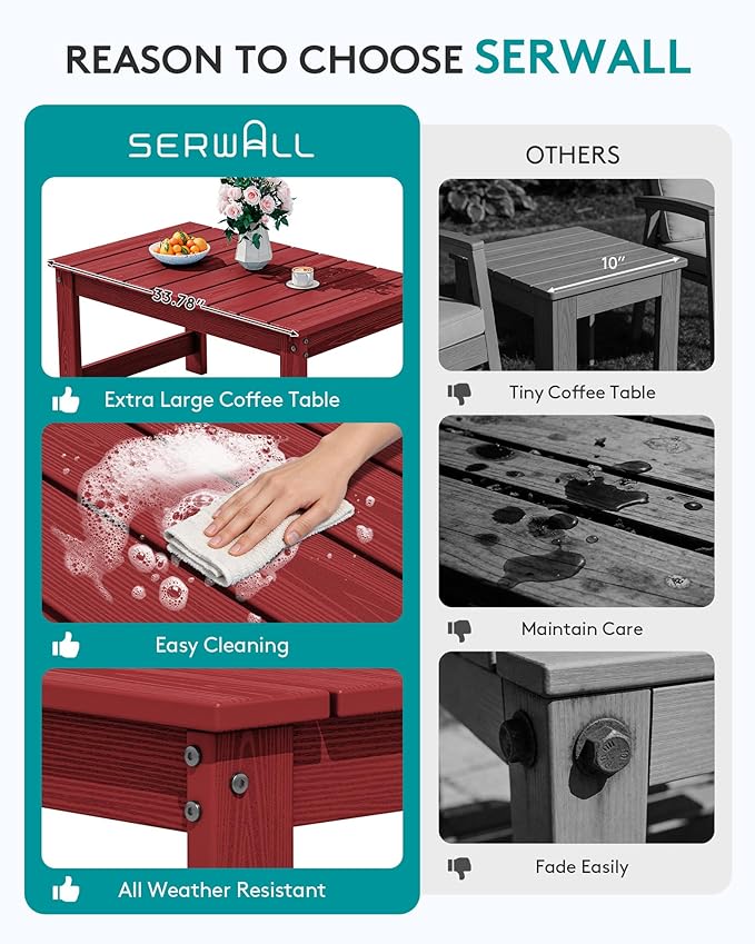 SERWALL Outdoor Coffee Table with 1.69" Umbrella Hole, HDPE Patio Coffee Table for Outside, Rectangle, Red