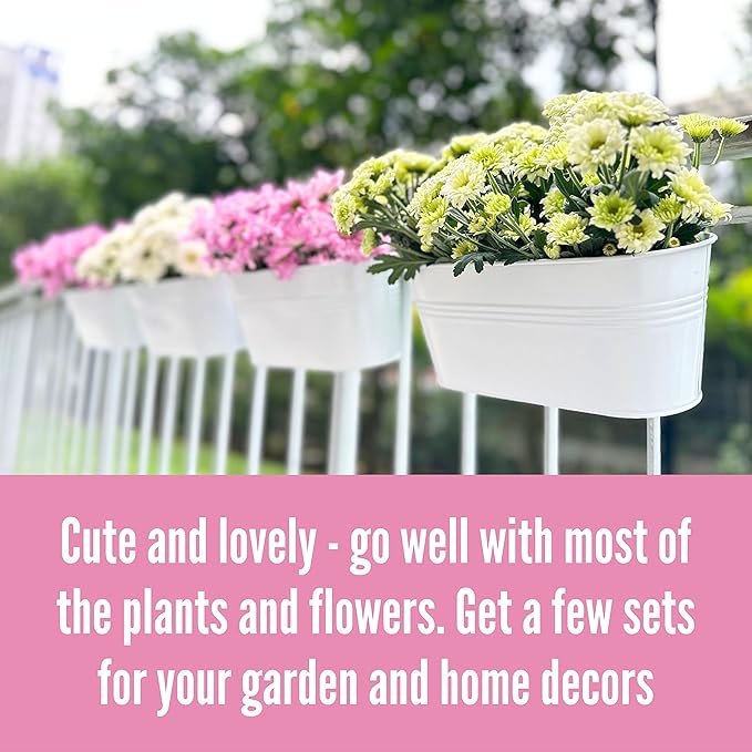 LaLaGreen Rail Planter Outdoor Plants (10 Pack, 11.8 Inch) White Metal Iron Hanging Flower Pots Deck Railings Fence Buckets Countryside Boho Style Wall Mount Window Box Plant Holder Hooks Porch Decor