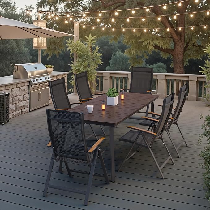 70 Inch Patio Outdoor Dining Table for 6 with Wood-Like Top & Umbrella Hole, All-Weather Deck & Backyard Table