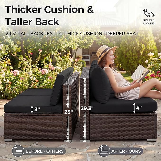 NICESOUL Large Size Patio Furniture Set with Fire Pit Natural Gas/Propane, 29.3'' High Backrest Luxurious Outdoor Modular Sofa Set, 9 Piece Heavy Duty Conversations, Brown Rattan and Black Cushion