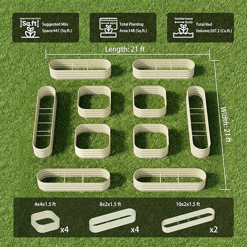 10-Pack 18” Tall Galvanized Raised Garden Beds – Compact Backyard Garden Layout, Fits 440 Sq Ft Backyard, 8x2 ft & 10x2 ft Metal Raised Flower Bed Kits for Outdoor Gardening-Brooklyn Grey