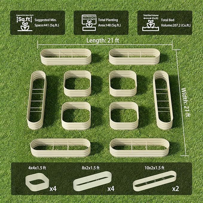 10-Pack 18” Tall Galvanized Raised Garden Beds – Compact Backyard Garden Layout, Fits 440 Sq Ft Backyard, 8x2 ft & 10x2 ft Metal Raised Flower Bed Kits for Outdoor Gardening - Sand Beige