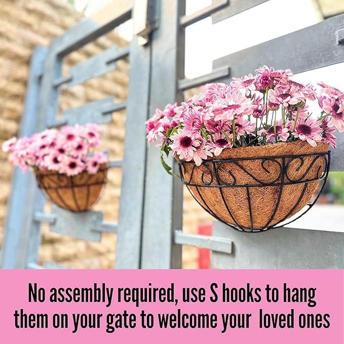 LaLaGreen Outdoor Wall Planters, 4 Pack, 14 Inch Large Balcony Planter Railings Hanging, Rail Flower Basket with Coco Liner English Horse Trough Black Metal Wire Succulent Pot Holder Deck Porch Garden