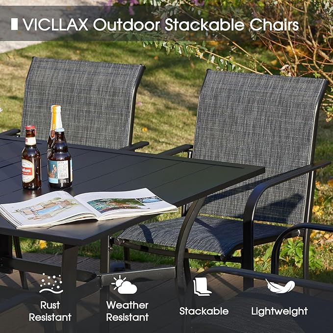 VICLLAX Outdoor Dining Set for 4, 5 Pieces Patio Dining Furniture Set with Umbrella Hole- 40.2" Patio Table and Chairs for Balcony, Garden and Deck, Grey Wood Grain Tabletop