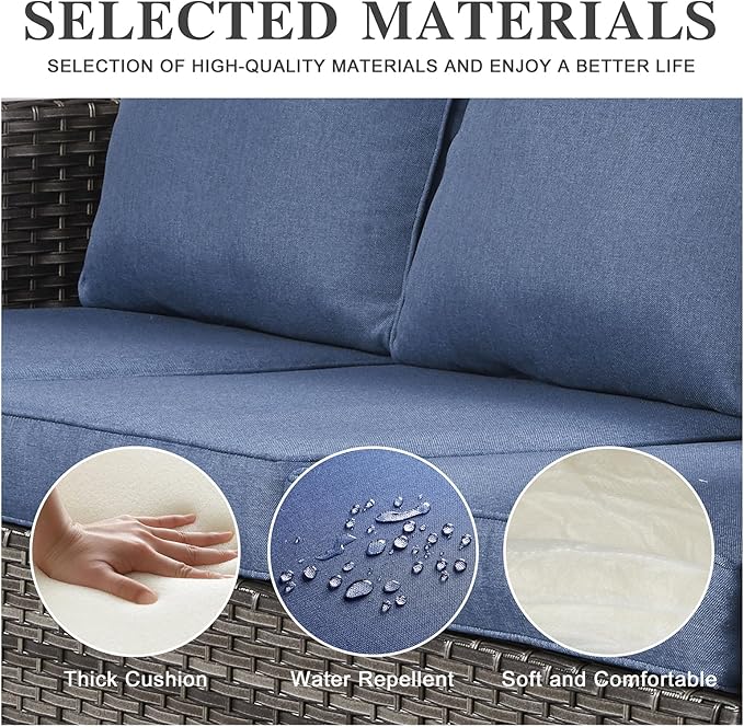 Belord Wicker Patio Furniture 5 Piece Outdoor Sofa Set, Oversize Outdoor Dining Chairs with Rattan Ottomans, Conversation Sets Patio Furniture Come with Removable Washable Cushion Blue