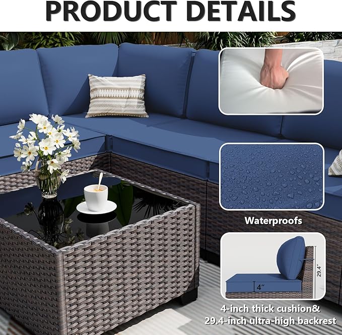 ALAULM 12 Pieces Outdoor Patio Furniture Set Sectional Sofa Sets Brown PE Rattan Patio Conversation Set w/10 Dark Blue Seat Cushions and 2 Coffee Tables