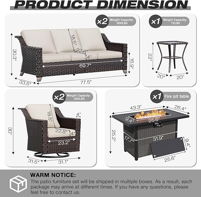 Joyside Wicker Patio Furniture Sets, 6 Pieces Upgraded Large Size Outdoor Furniture with Swivel Rocking Patio Chairs, Two 3-Seat Sofa, Fire Table, Coffee Table, Thick Cushions, Wide Armrest, Beige