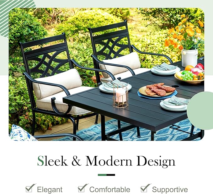 Sophia and William Outdoor Patio Dining Set for 6, Outdoor Table and Chairs, Removable Seat Cushions, 4 Fixed，2 Swivel Chairs, 59" Black Patio Dining Table