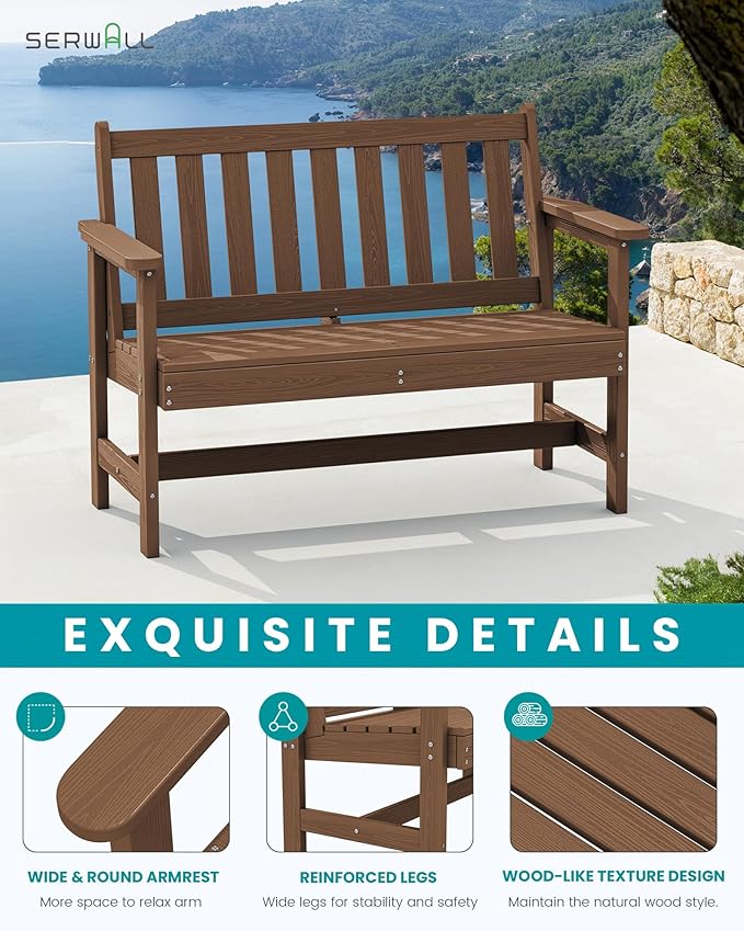 SERWALL Outdoor Bench, HDPE Outdoor Benches Weatherproof, 2-Person Garden Bench with 660 lbs Weight Capacity, Patio Benches for Outdoors, Garden, Porch, Backyard and Park, Brown, 6 Pack